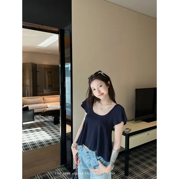 THEISSN宁司 U领褶皱短袖T恤女夏季设计感宽松显瘦上衣 01016