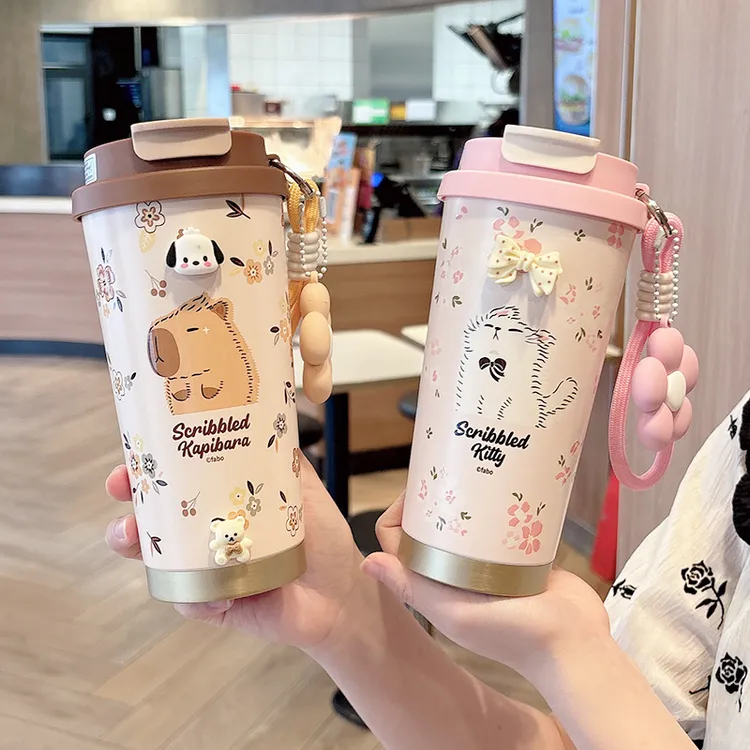 咖啡保温杯女可爱学生吸管杯高颜值大容量办公家用直饮杯便携双饮