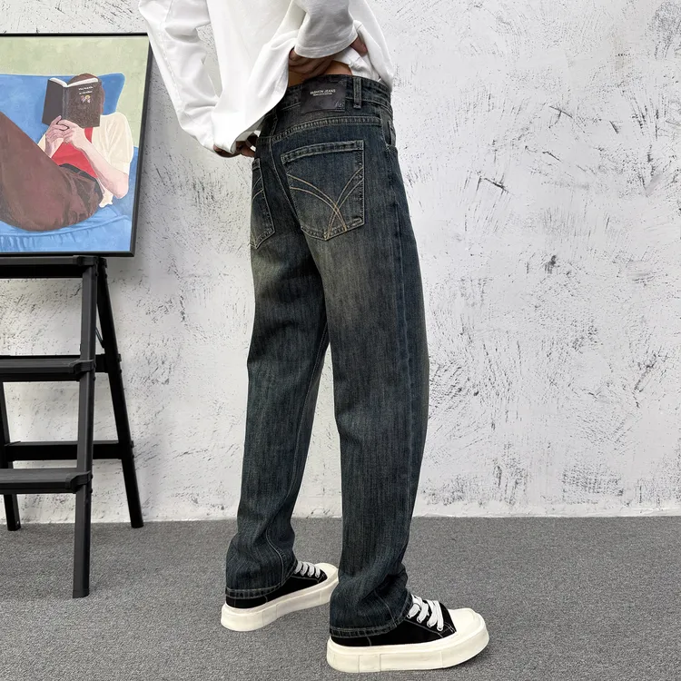 美式复古蓝牛仔裤男冬季高端刺绣宽松百搭合体直筒裤痞帅做旧长裤