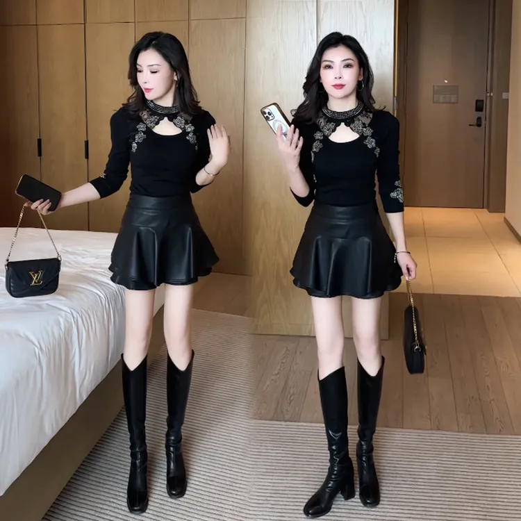 时尚保暖打底衫女2025秋冬新款磨毛绒内搭网纱蕾丝半高领镂空上衣