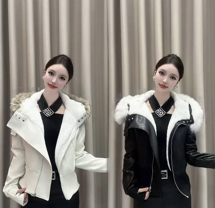 冬季加厚绒可拆毛领外套皮衣保暖时尚韩系百搭连帽