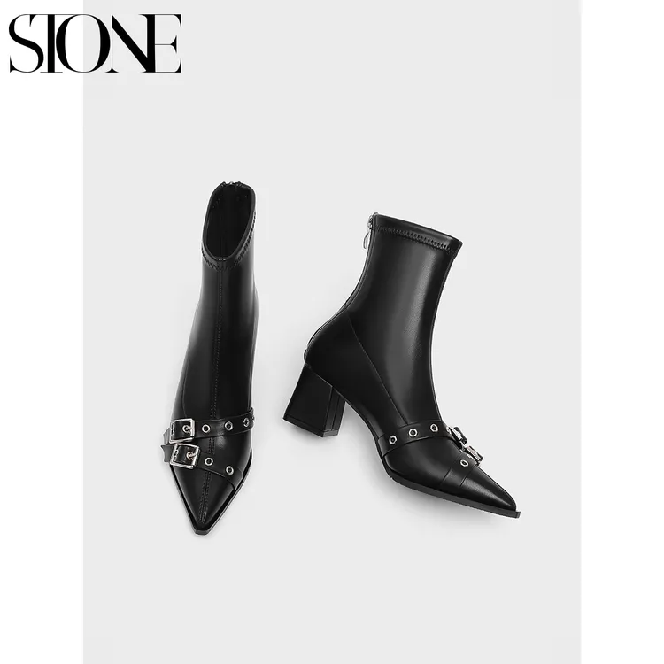石头家 黑色洋气女士短靴设计感小众粗跟尖头马丁靴2025新款秋冬