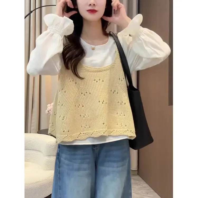 韩系喇叭袖圆领黄色马甲白色上衣女2025早秋设计感慵懒风简约套装