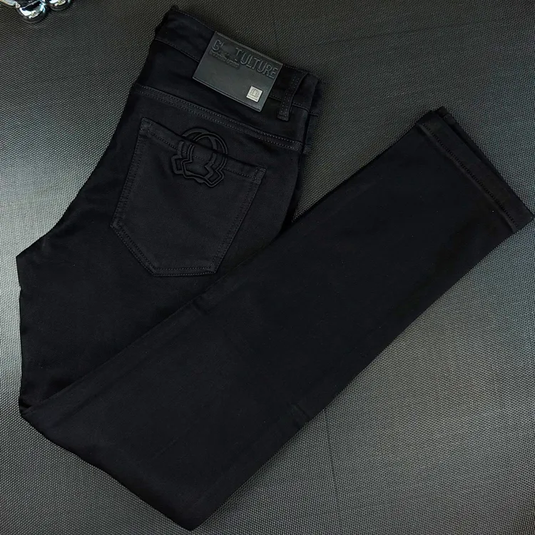 高品质锁色水洗纯黑色牛仔裤男百搭秋冬加薄绒款修身直筒小脚裤子