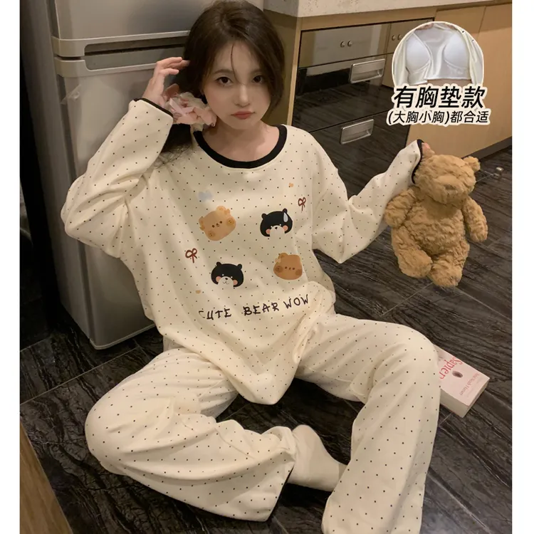 新款德绒睡衣女秋冬季爆款卡通带胸垫休闲舒适宽松保暖家居服套装