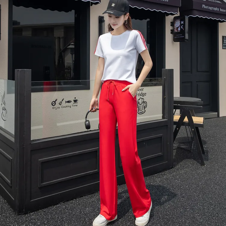 红色薄款春夏纯色休闲高腰裤子微喇裤运动裤修身显瘦垂感时尚女裤