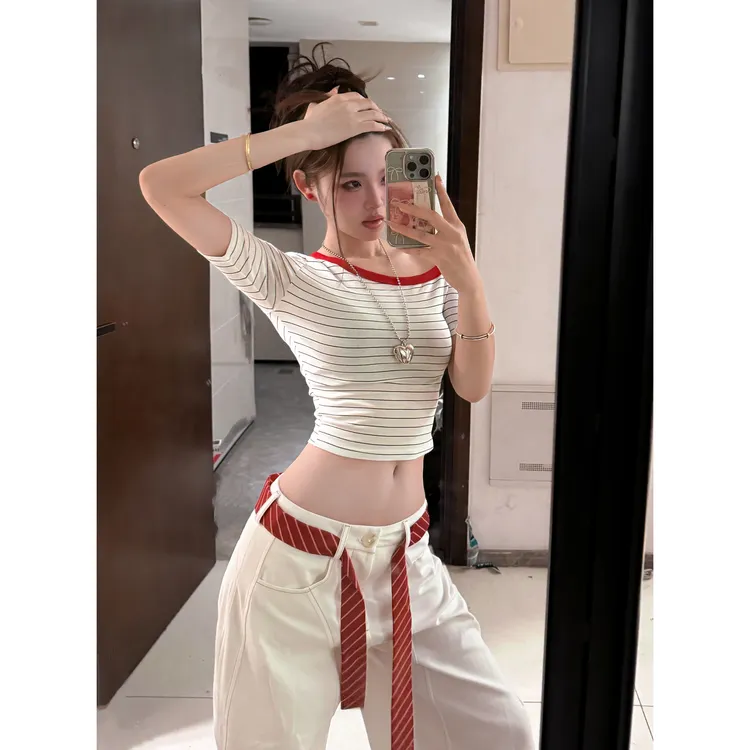 WSMY条纹T恤显瘦运动辣妹短款性感夏季修身紧身纯欲露脐撞色上衣