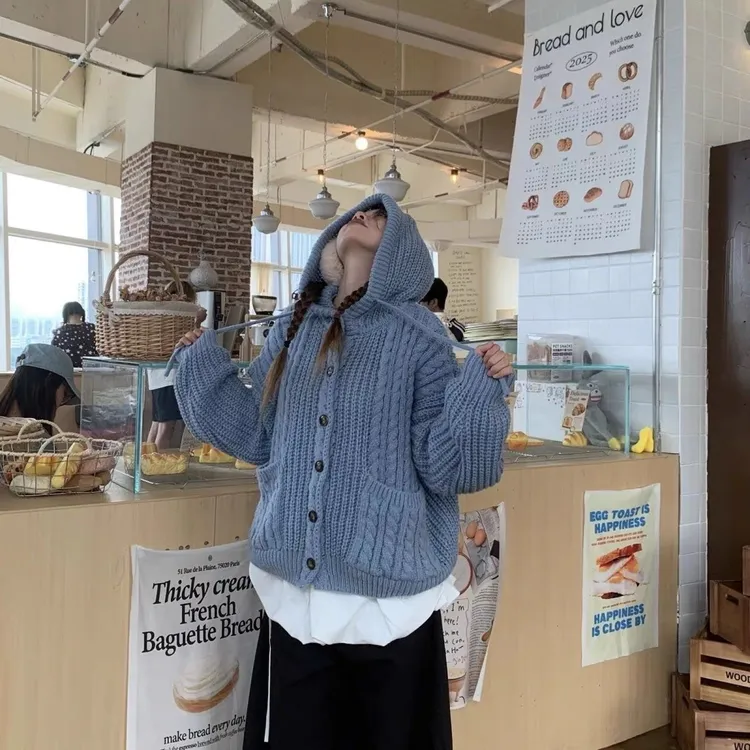 【新品首发】韩系慵懒风连帽针织毛衣女秋冬新款美式宽松外套