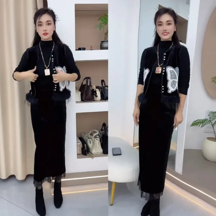 秋季新中式刺绣钉珠重工拼接黑色显瘦女套装