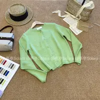 Solara【少女特调】im向 绿色花边百搭针织开衫女小V领软糯针织上衣