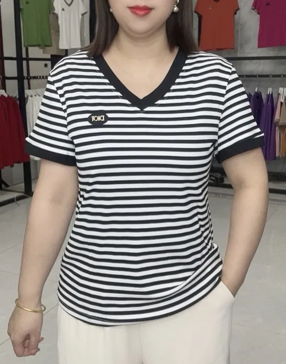 【短袖条纹V领】2025新品遮肉显瘦妈妈装短袖
