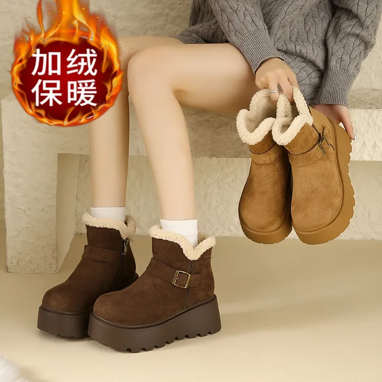 东北加绒雪地靴女侧拉链增高短靴2025新款冬季小个子厚底大棉靴子