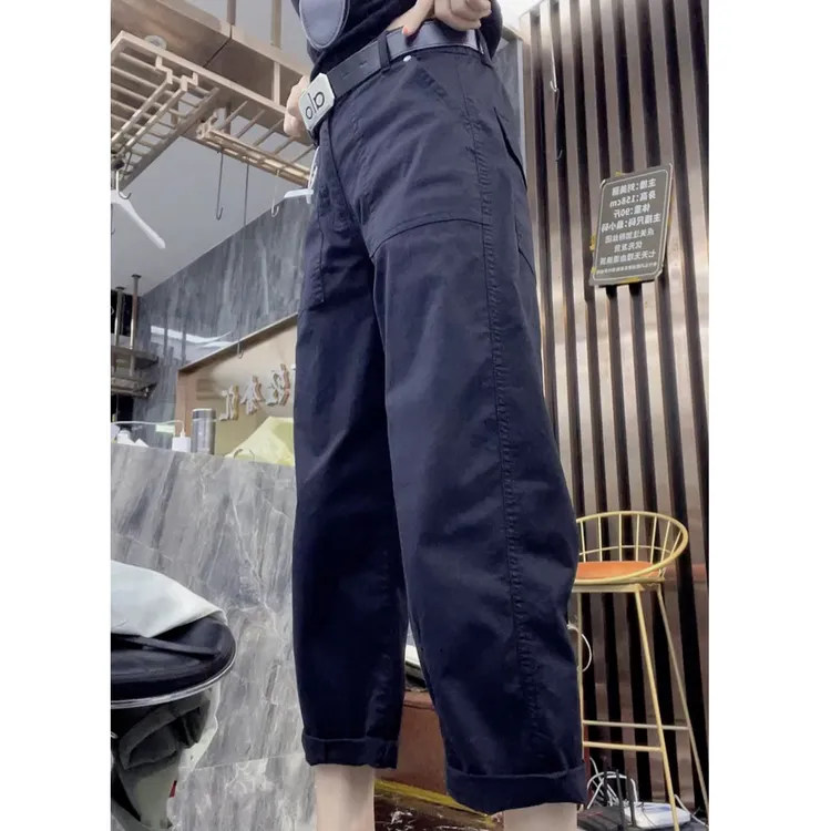 藏蓝直筒休闲裤女2025年夏季薄款大码梨形身材高腰显瘦九分阔腿裤