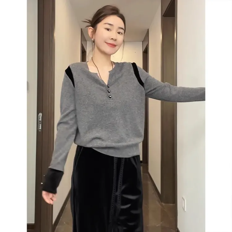 大码半开领长袖针织衫女秋季新款胖妹妹休闲时尚宽松显瘦打底上衣