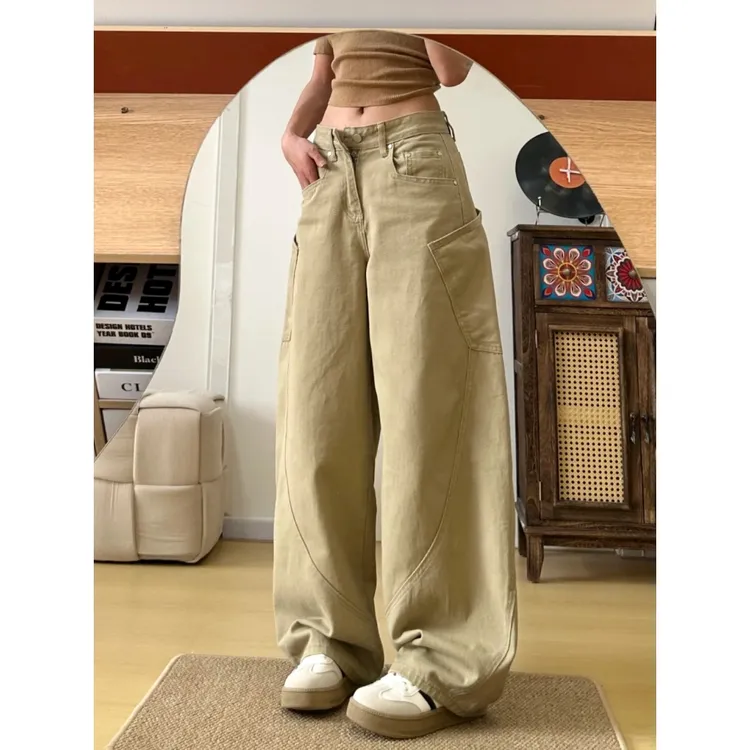 美式复古卡其廓形阔腿裤女2025秋季显瘦设计感大口袋弯刀牛仔裤子