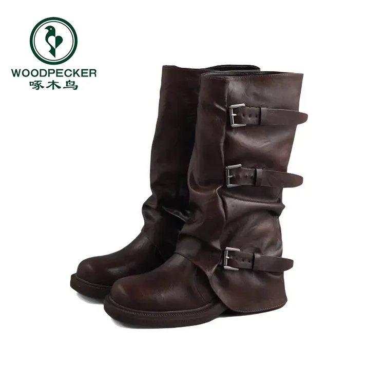啄木鸟爆款骑士靴高筒长靴女2025新款秋季西部牛仔堆堆靴时装靴