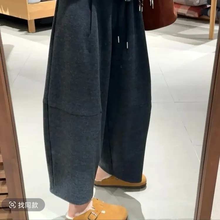 加绒加厚阔腿糯米裤女冬季慵懒风奶芙绒气球裤软糯毛呢九分弯刀裤