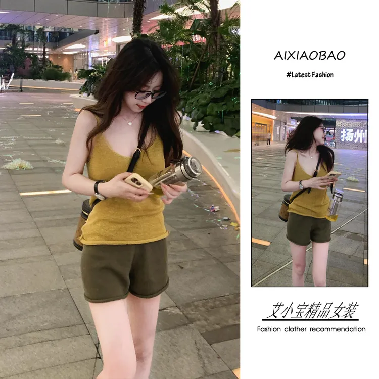 夏季2025新款女装韩系穿搭辣妹风性感宽松百搭吊带上衣短裤两件套