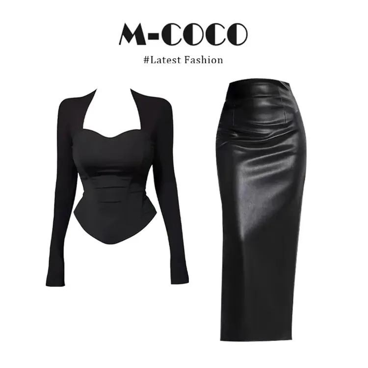 韩系辣妹纯欲风方领坎肩长袖上衣搭配包臀半身裙