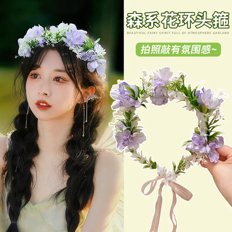 新款日常甜美日韩飘带头花森系公主花环布艺树脂女孩发箍头饰风
