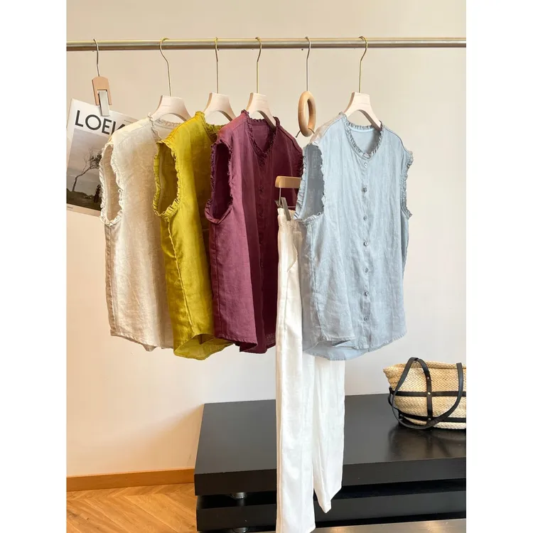 特 100全亚麻！透气凉爽 复古木耳领夏季无袖衬衫 23-88女装 H6258