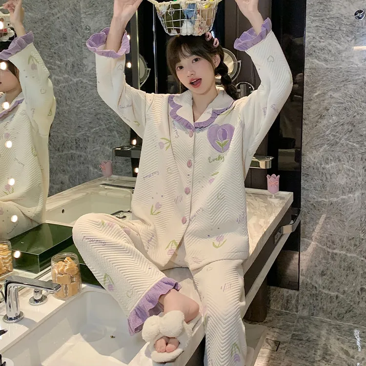 甜美公主风空气棉夹层睡衣女款秋冬季爆款保暖加厚女士家居服套装