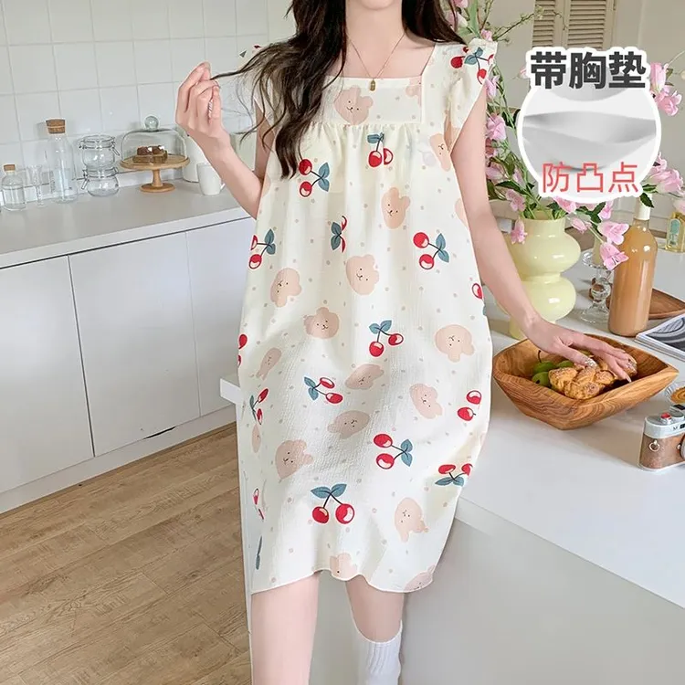 春秋外穿带胸垫睡裙夏款吊带睡衣女新款女士一体连衣裙学生家居服