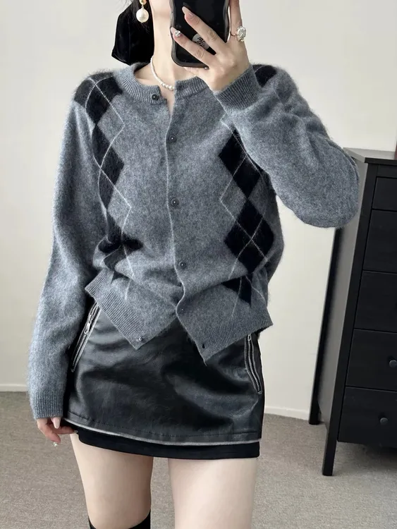 【线条菱格开衫】小香风百搭小个子针织开衫女毛衣秋冬新款