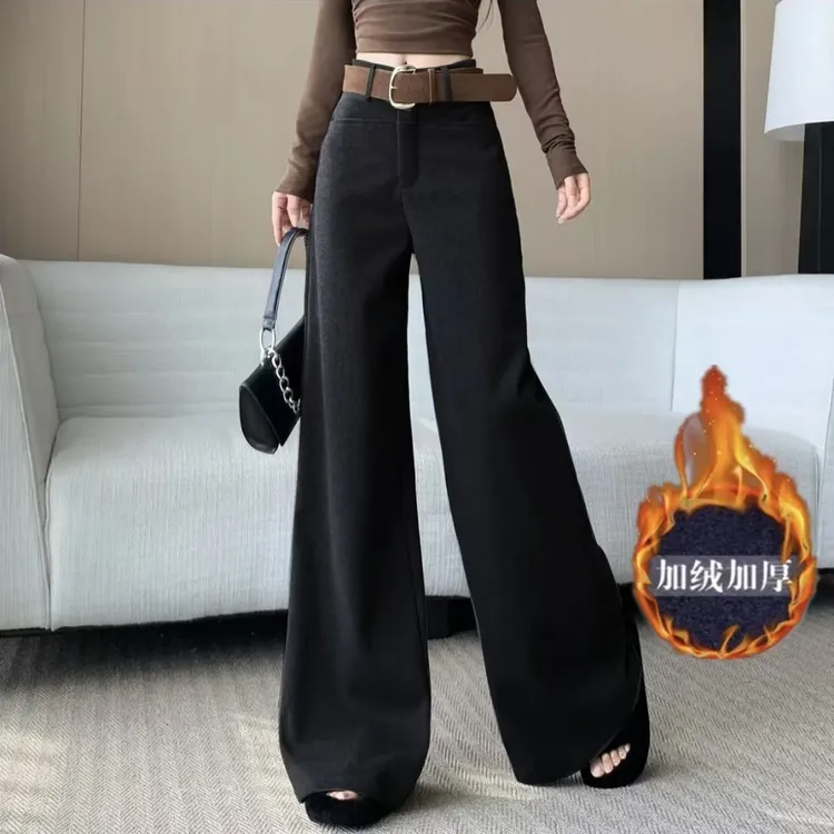 美式松弛感中高腰毛呢阔腿裤女宽腰秋冬新款直筒垂坠西装拖地裤