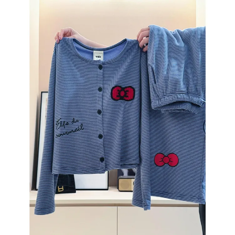 SUAM RUO韩版ins风条纹蝴蝶结睡衣女春秋季大码可外穿家居服套装