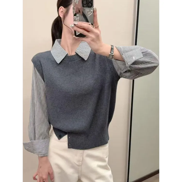 2025新款小个子洋气圆领长袖针织衫女毛衣外套上衣假两件衬衫打底