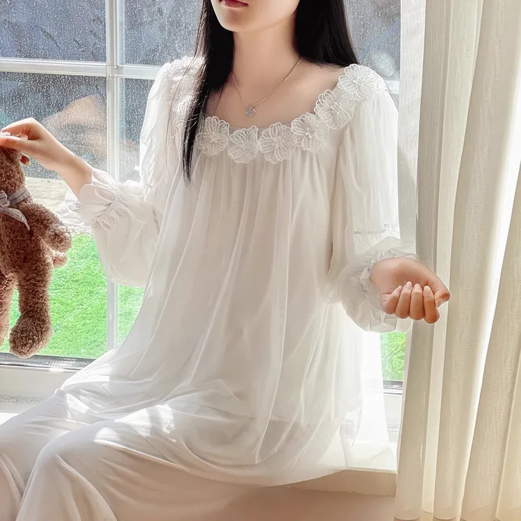 BIEN法式睡衣女春秋季甜美可爱公主风家居服外穿莫代尔网纱带胸垫