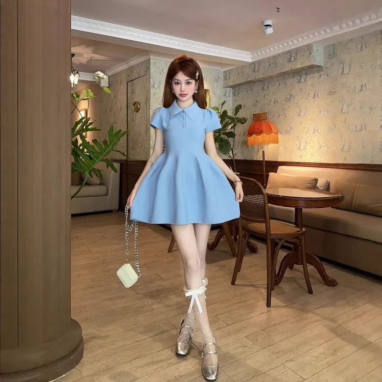 avenement/衬衫领弹力娃娃裙/设计感收腰显瘦蓬蓬a字短裙连衣裙