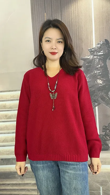 厚款V领套头棉线简约百搭宽松显瘦打底时尚百搭针织大码女长袖