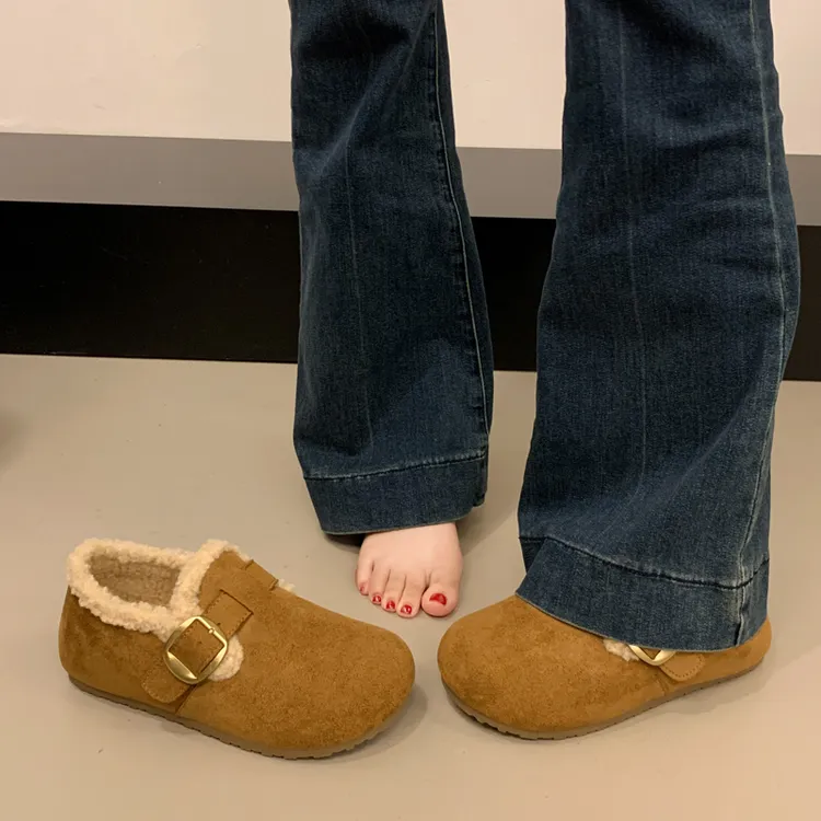 女款全包加绒勃肯鞋毛毛2025新款冬加绒保暖棉鞋一脚蹬懒人雪地靴