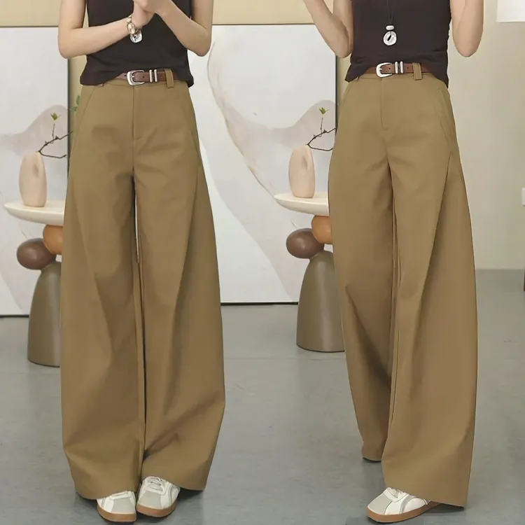 卡其色阔腿裤女春秋季2025新款压褶风笛裤高腰休闲慵懒风弯刀裤子