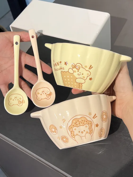 小奶熊双耳南瓜碗一碗一勺 釉下彩吃饭碗防烫加厚好看的碗一人食