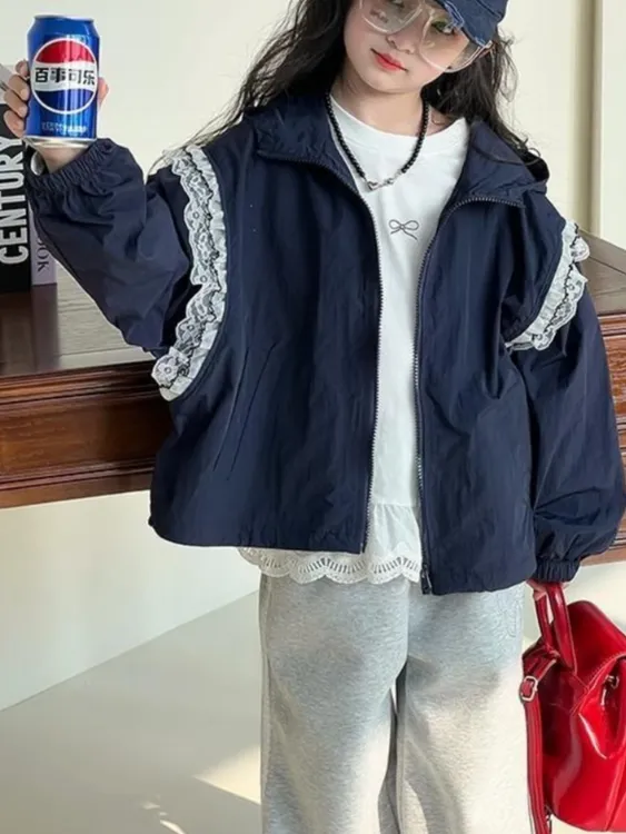 女童休闲蕾丝拼接连帽外套女宝宝休闲百搭洋气韩版春秋外穿上衣