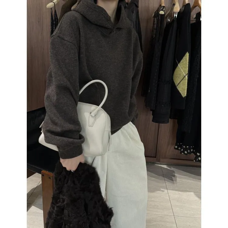 【两粒扣羊毛卫衣】60羊毛夹色加绒带帽针织卫衣  J25WT887