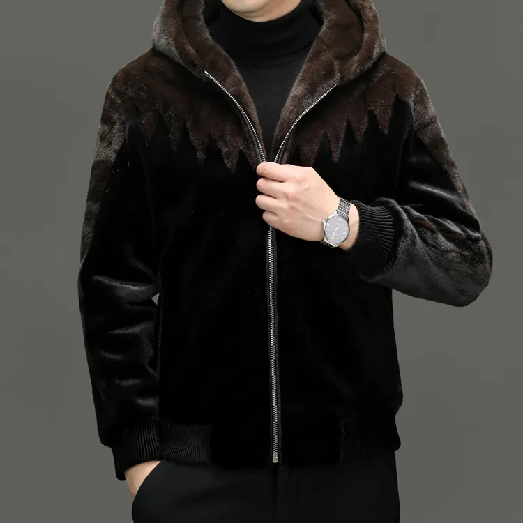貂绒连帽保暖冬季纯色拉链修身型夹克休闲翻领时尚男士男款带帽
