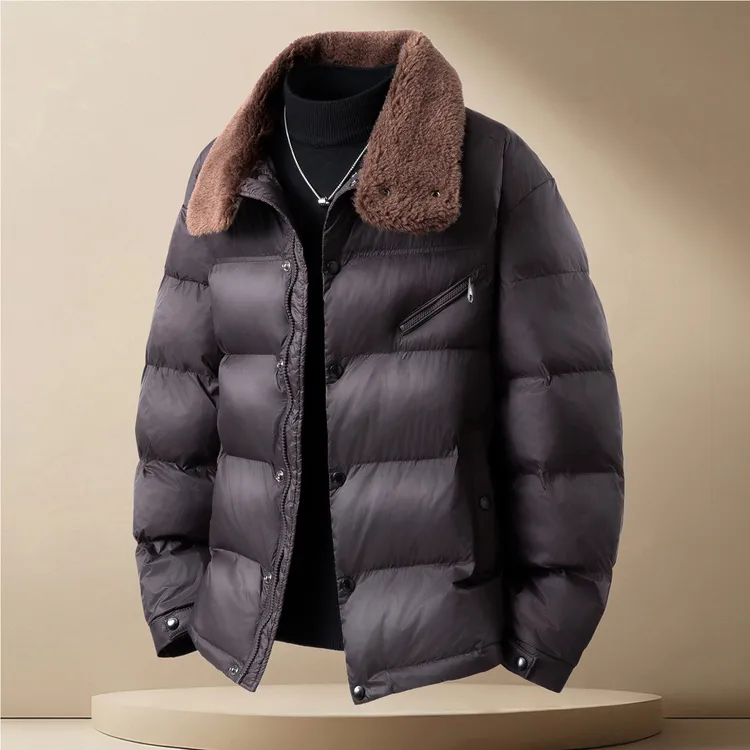 男士2025冬季时尚新款翻领保暖纯色百搭棉衣加绒加厚痞帅轻盈外套