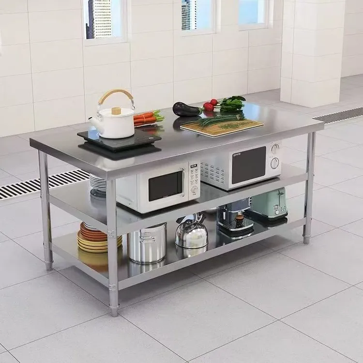 加厚不锈钢工作台双三层操作台厨房切菜工作桌饭店条形桌子工作台