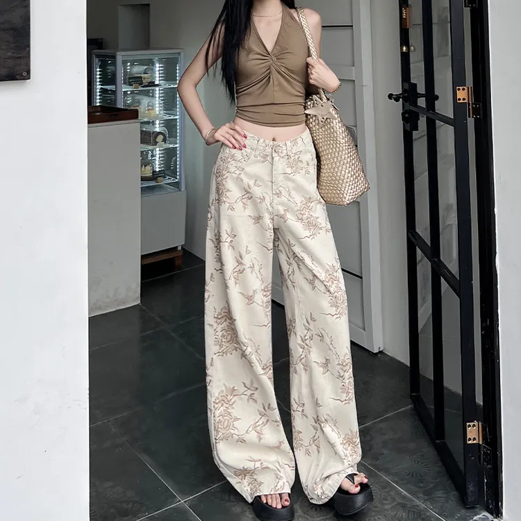 莫兰迪灰扎染印花阔腿牛仔裤女2025夏季薄款高腰小个子直筒拖地裤