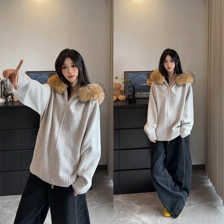 V37美式大毛领开衫毛衣秋冬chic松弛感针织衫情侣休闲上衣外套男