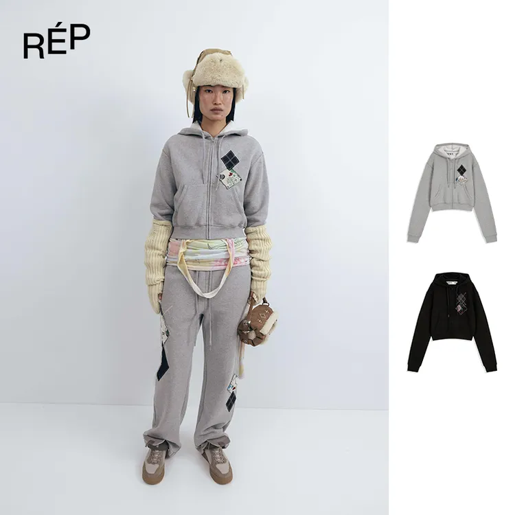 REP-OPEN YY设计师品牌黑色/灰色补丁连帽衫 25FW秋冬新品
