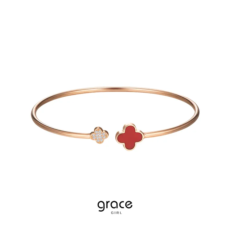 Grace Girl 925银手镯 四叶草手镯女士玫瑰金色气质轻奢百搭时尚