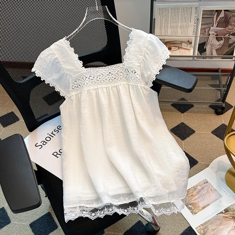 蕾丝花边方领小飞袖衬衫夏季2025新款小个子韩版宽松显瘦百搭上衣