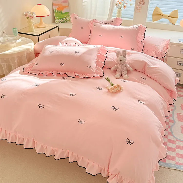 四件套床上四季通用2025春夏新品韩版超柔水洗棉蝴蝶结刺绣四件套