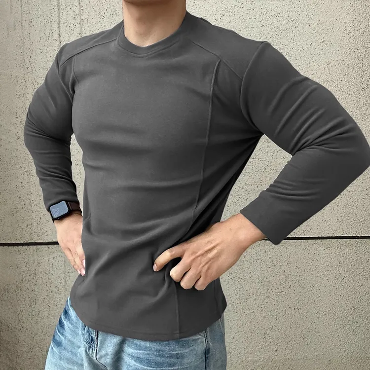 310克重磅美式长袖秋冬款运动健身T恤高弹打底衫男士纯色内搭保暖