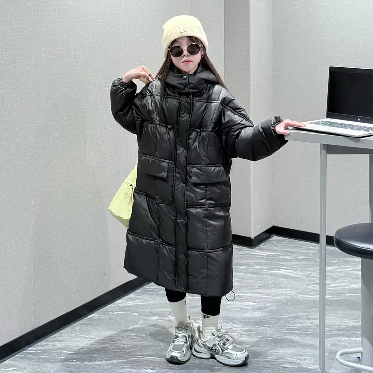女童羽绒服黑色中长款儿童连帽加厚冬季过膝保暖抗寒90白鸭绒外套